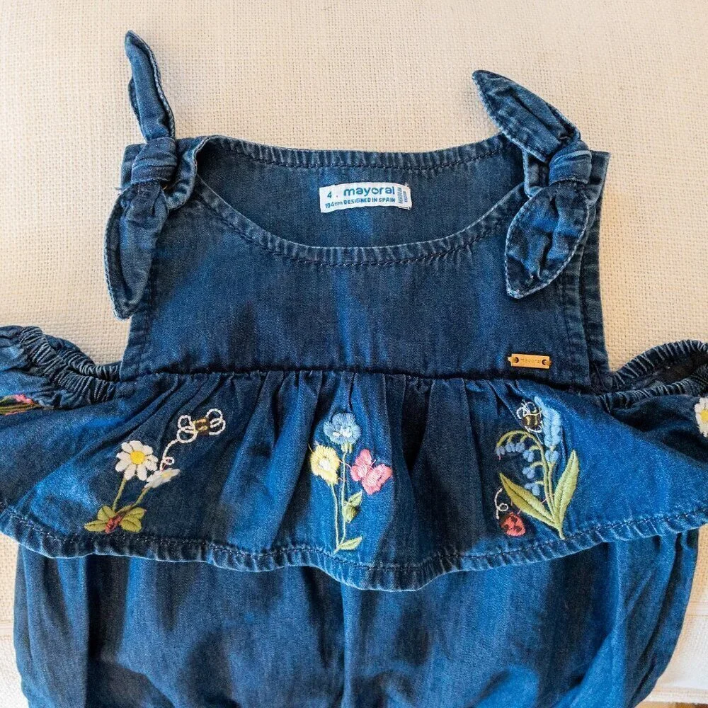 Mayoral Embroidered Denim Romper | Girls Size 4 (104 cm) | Floral Ruffle One-Pie